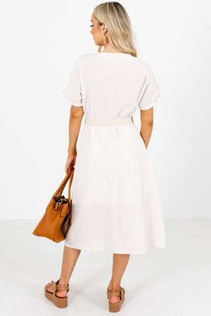 Women's Beige and White Striped Boutique Midi Dress