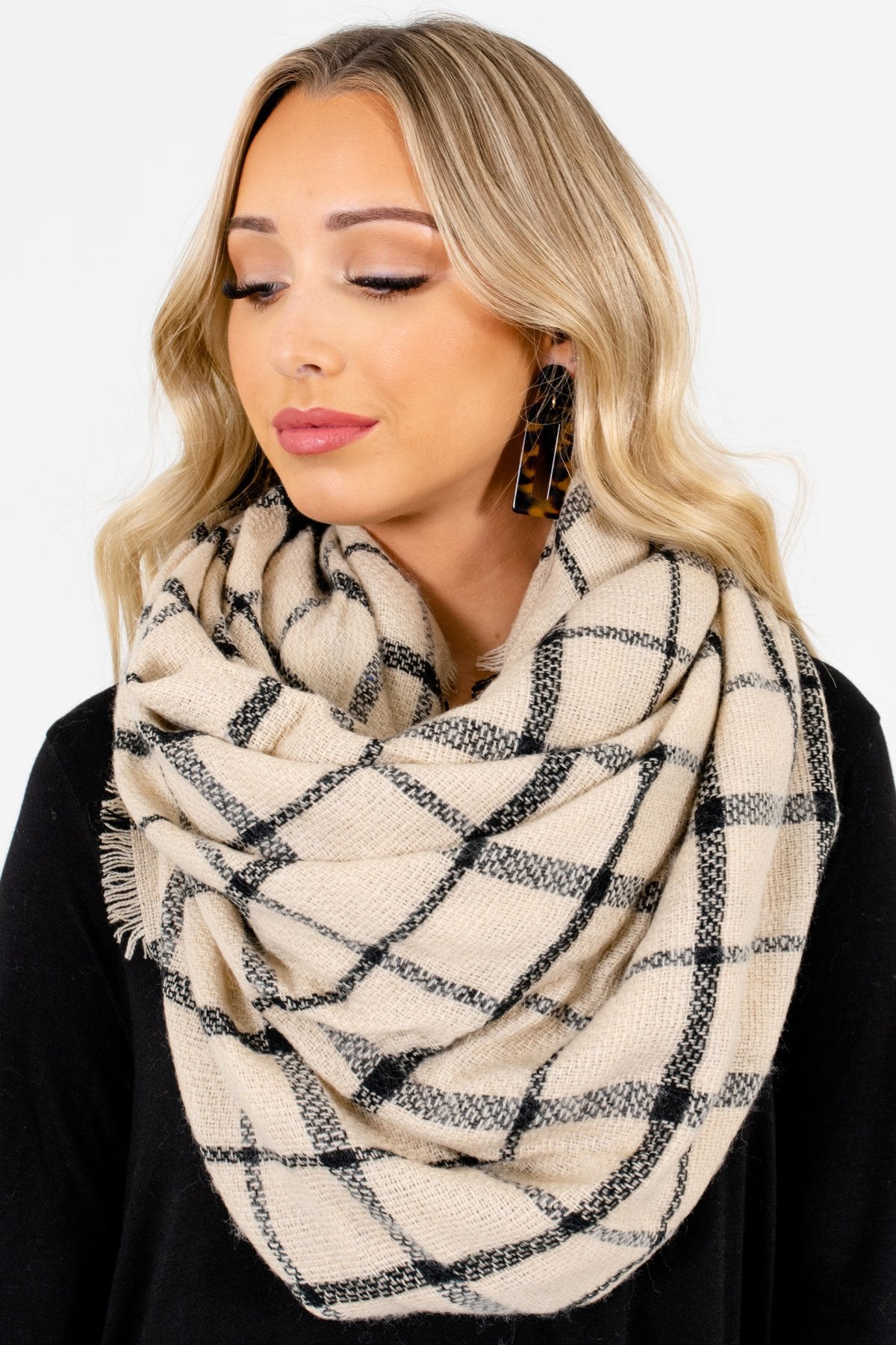 Beige and Black Plaid Patterned Boutique Scarves for Women