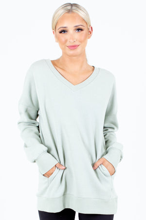 Sage Green V-Neckline Boutique Pullovers for Women