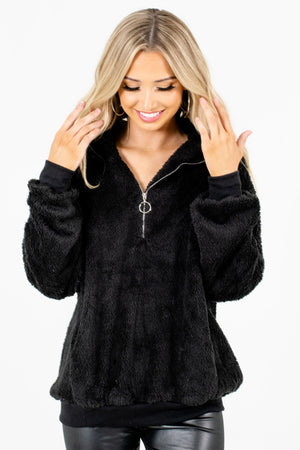 Black High-Quality Fuzzy Material Boutique Pullovers for Women
