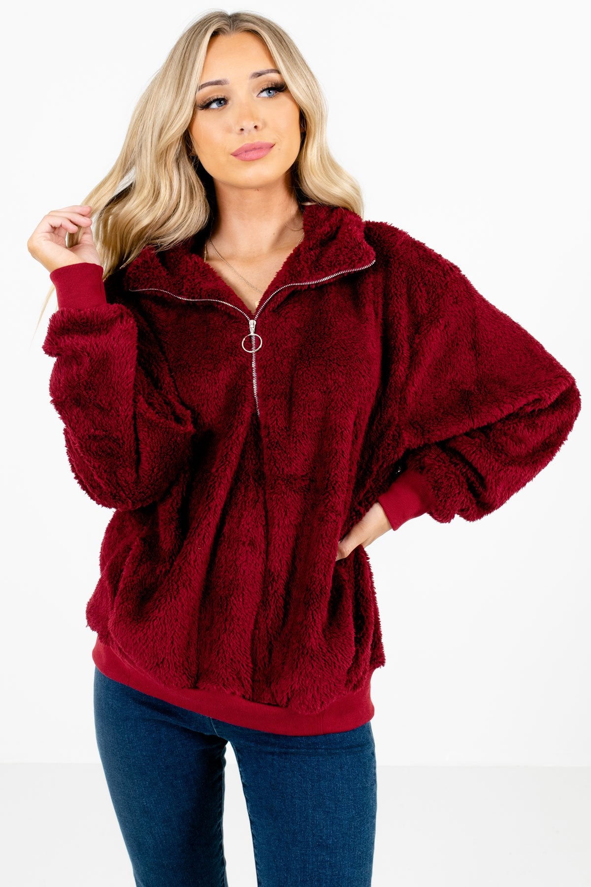 Burgundy High-Quality Fuzzy Material Boutique Pullovers for Women
