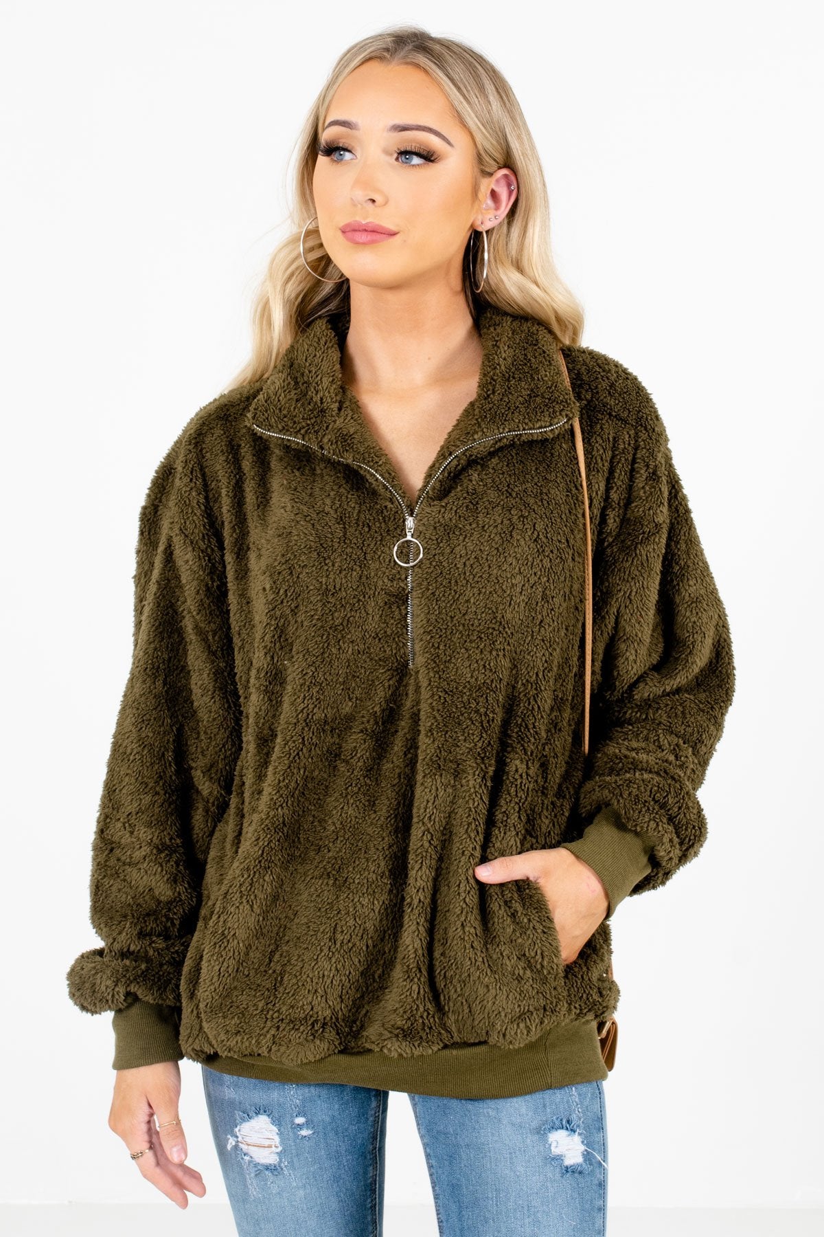 Olive Green High-Quality Fuzzy Material Boutique Pullovers for Women