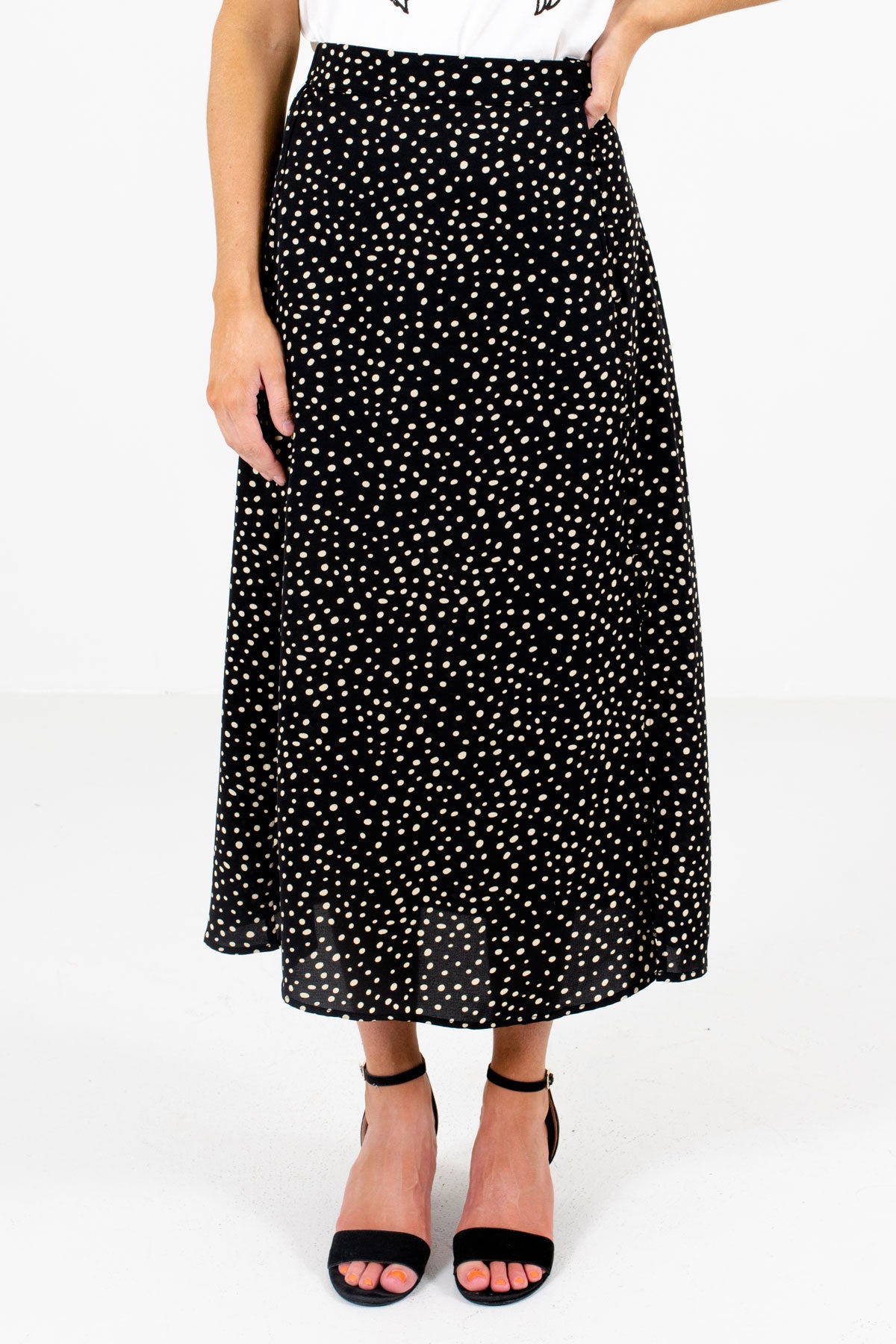 Black and Beige Polka Dot Patterned Boutique Midi Skirts for Women