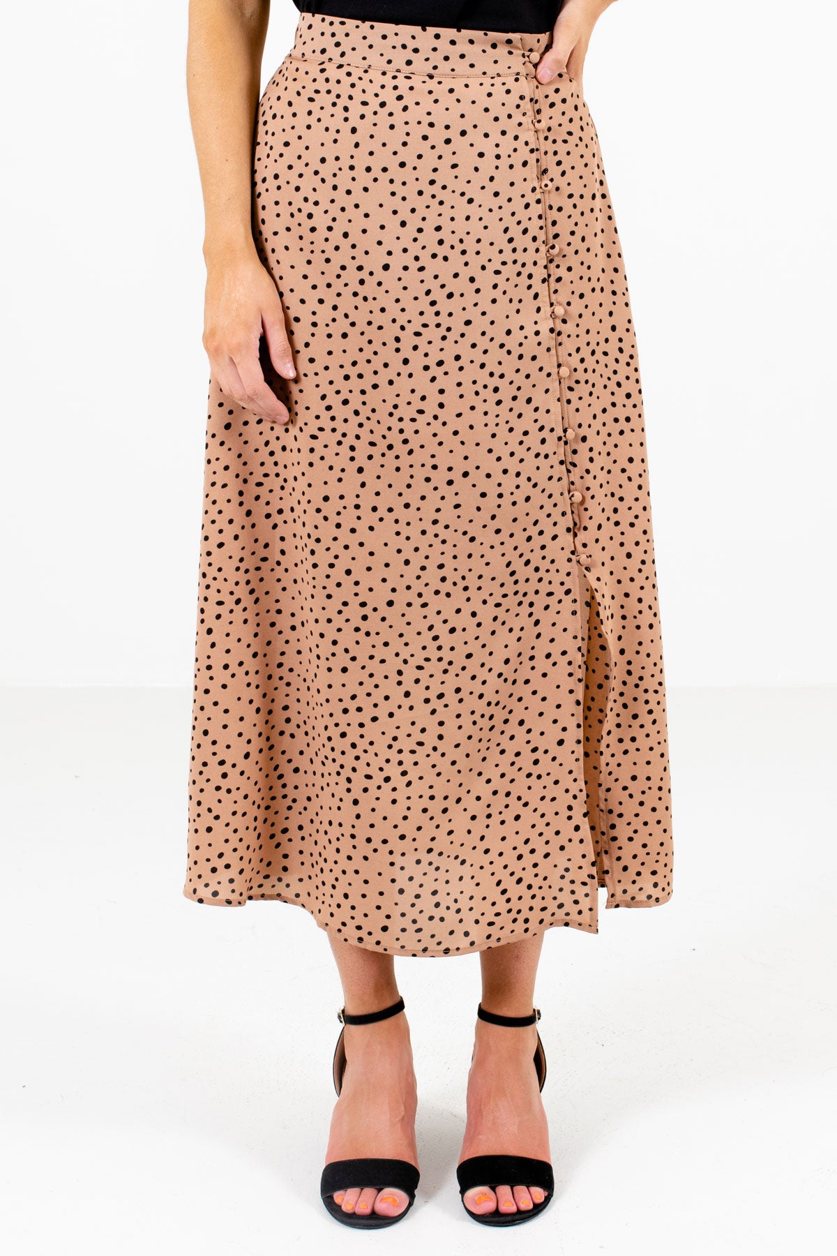 Tan Brown and Black Polka Dot Patterned Boutique Midi Skirts for Women