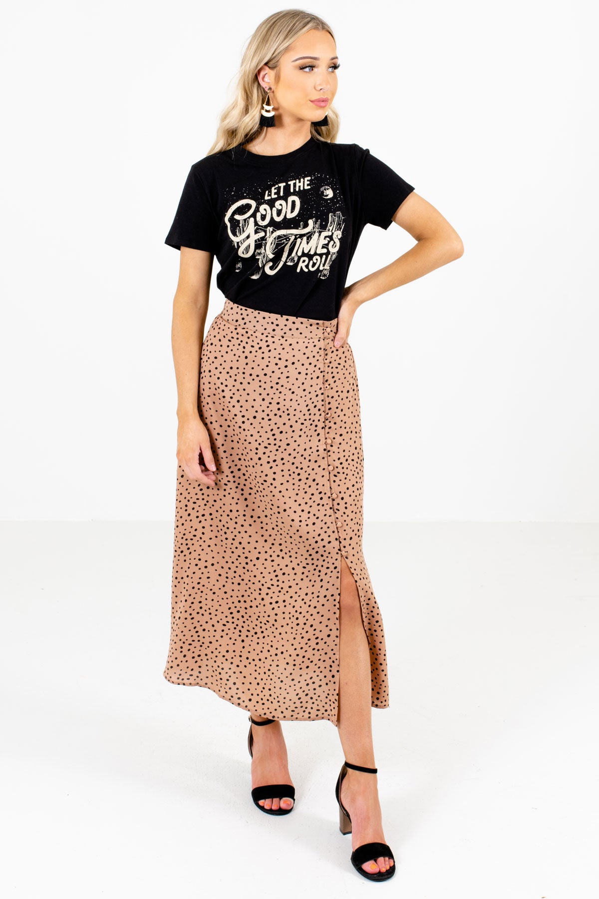 Women’s Tan Brown Flowy Silhouette Boutique Midi Skirt
