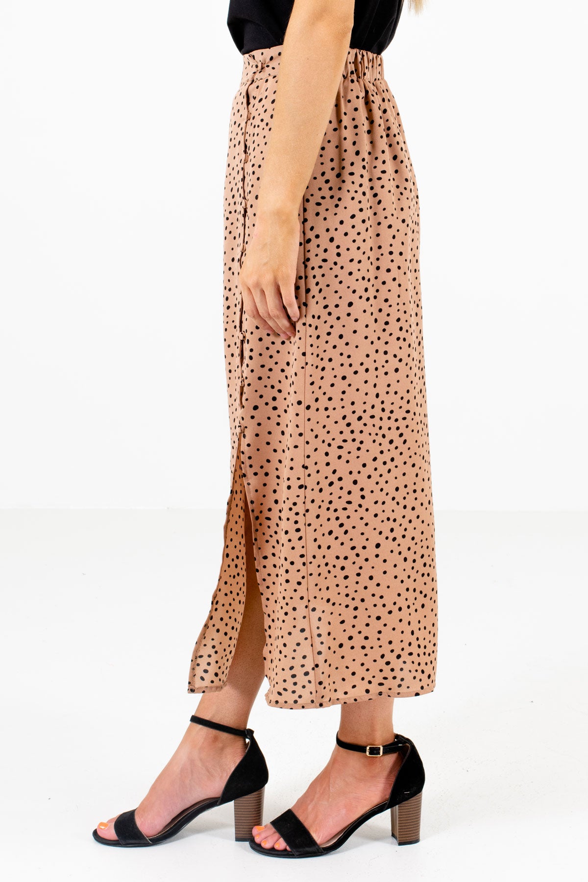 Tan Brown Button-Up Side Boutique Midi Skirts for Women