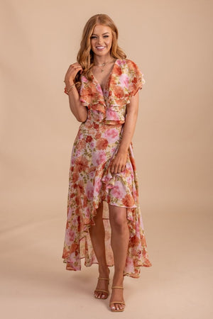 Boutique dress with pink and orange florals 