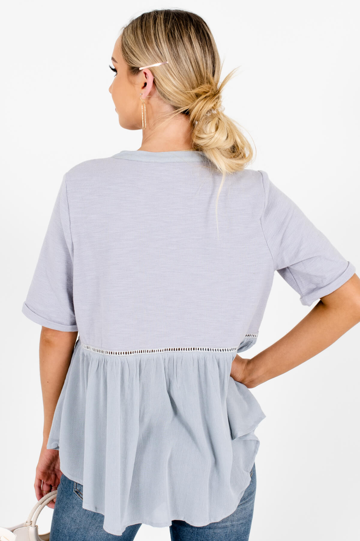 Blue-Gray Cute Button Up Tops Affordable Online Boutique