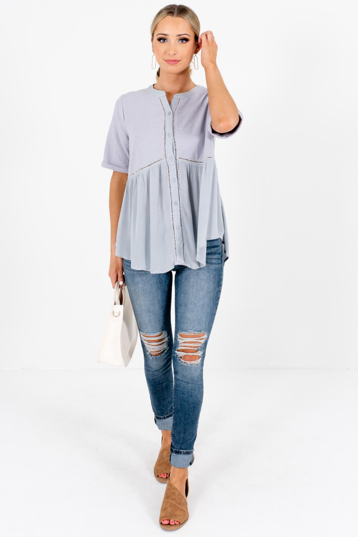 Blue Gray Button-Up Tops with Ladder Lace Accents