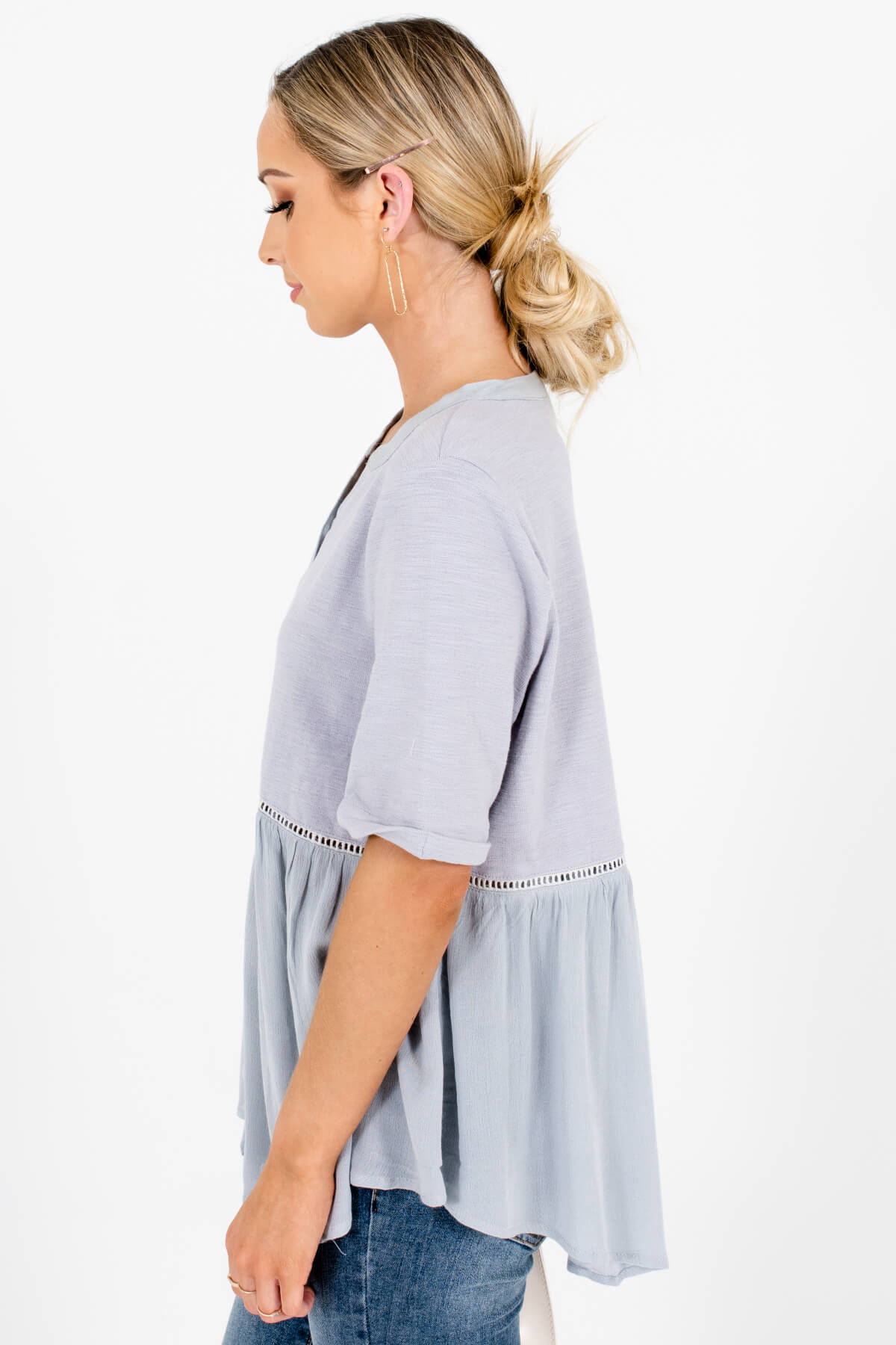 Blue-Gray Cute Button Up Boutique Tops for Women
