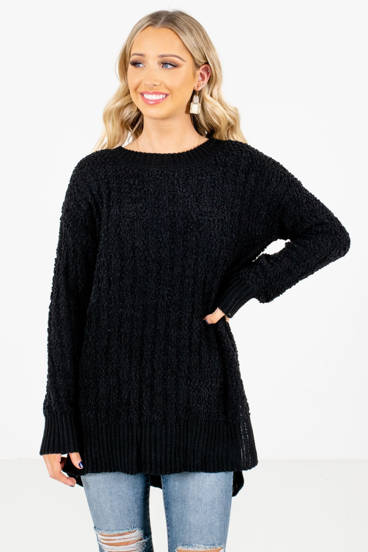 Black High-Quality Popcorn Knit Material Boutique Sweaters for Women