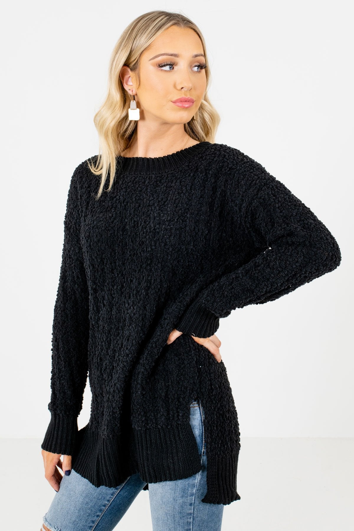 Black Round Neckline Boutique Sweaters for Women