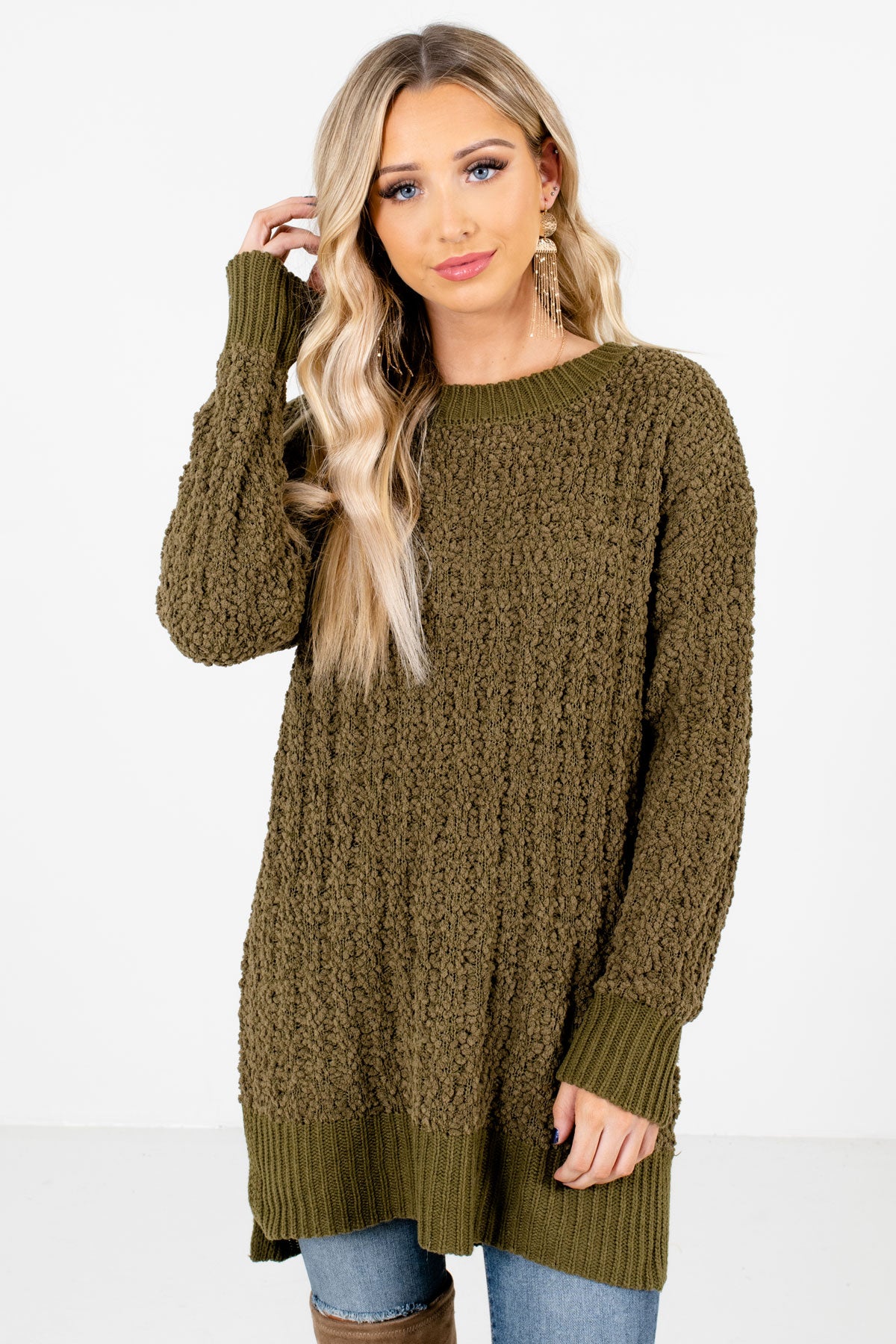 Olive Green High-Quality Popcorn Knit Material Boutique Sweaters for Women