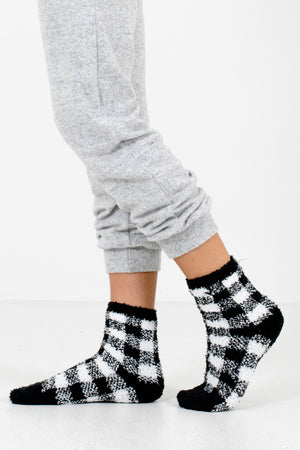 Black and White Plaid Patterned Boutique Socks for Women