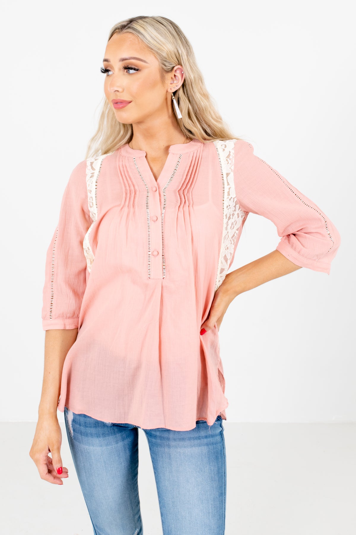 Pink Button-Up Neckline Boutique Shirts for Women