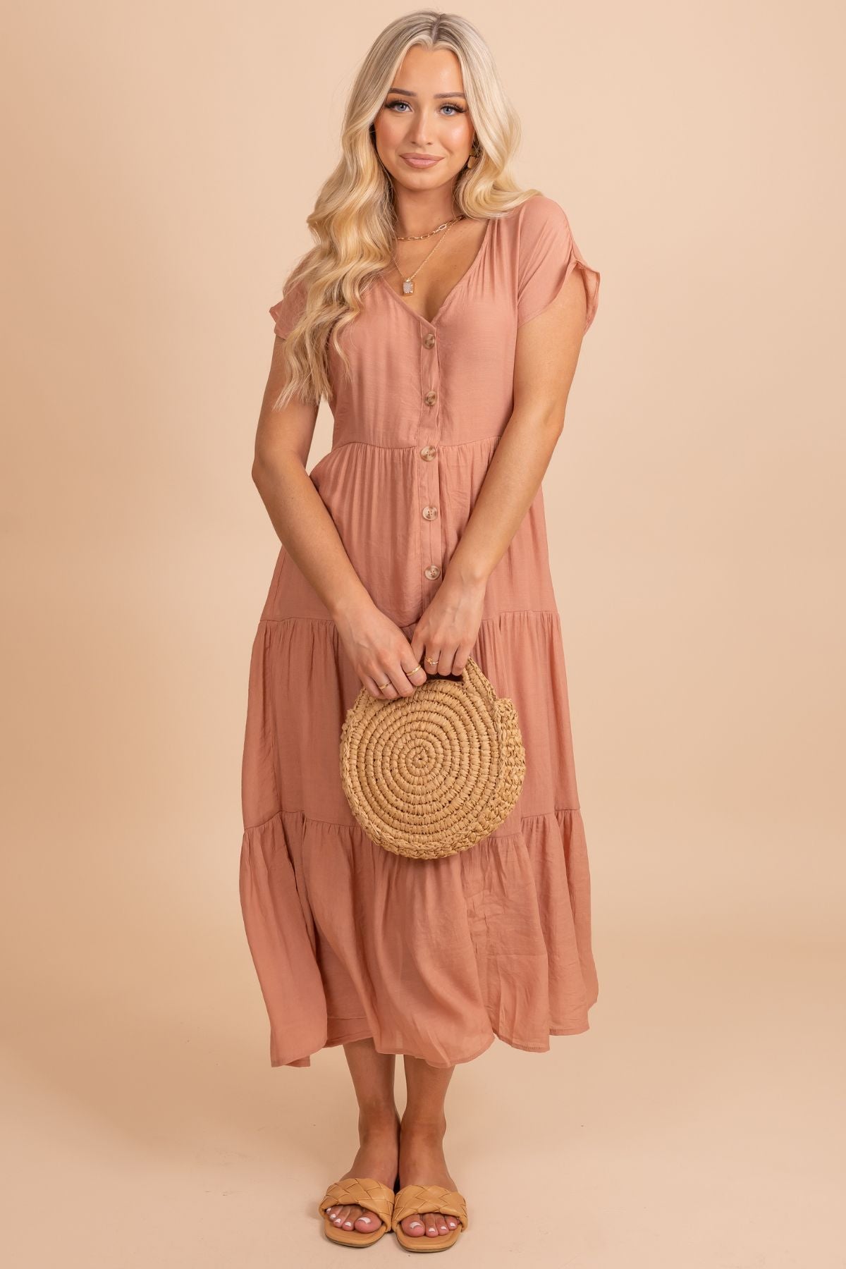 Light Pink Tiered Style Boutique Midi Dresses for Women