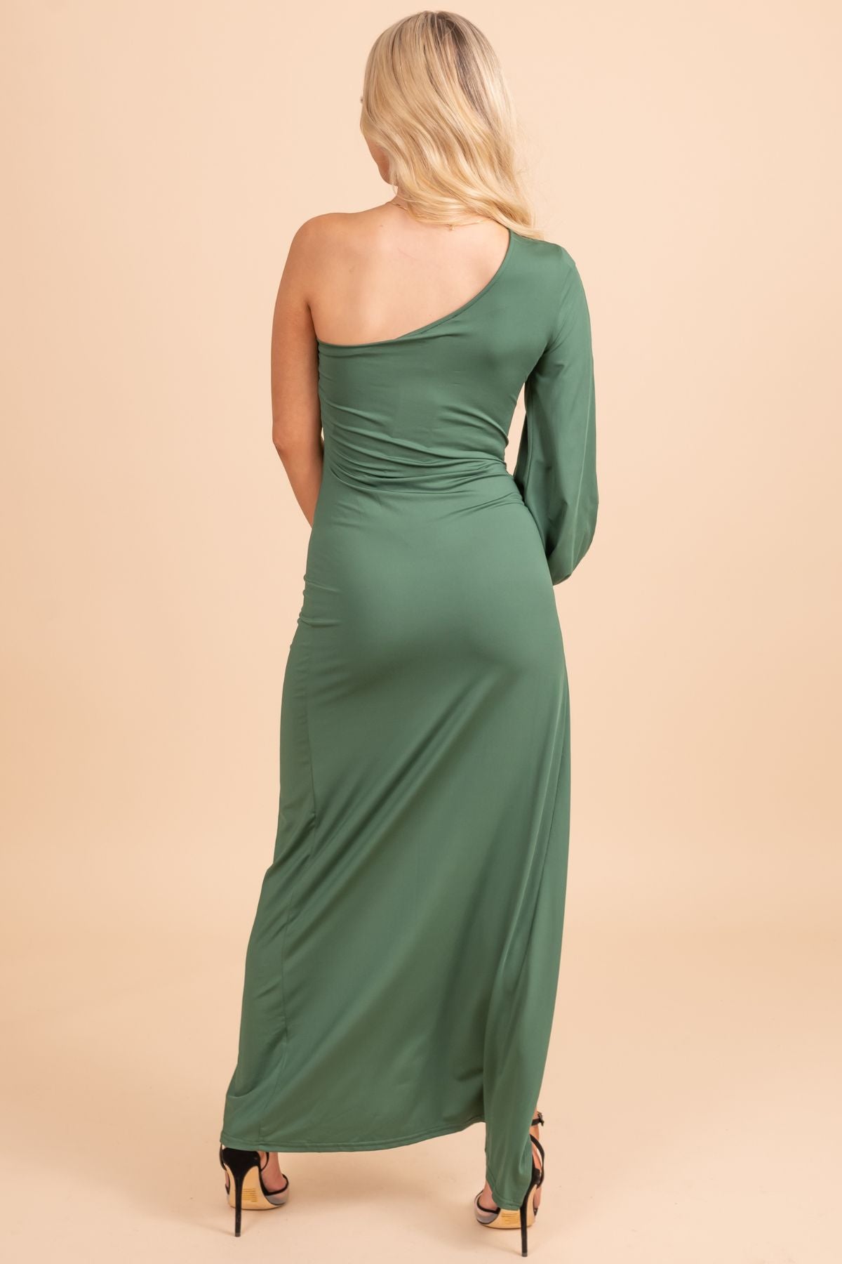 J225055-One Shoulder Matte Jersey Dress with Side Open Flowing Long Sleeves  and Hand Beaded Waist Motif