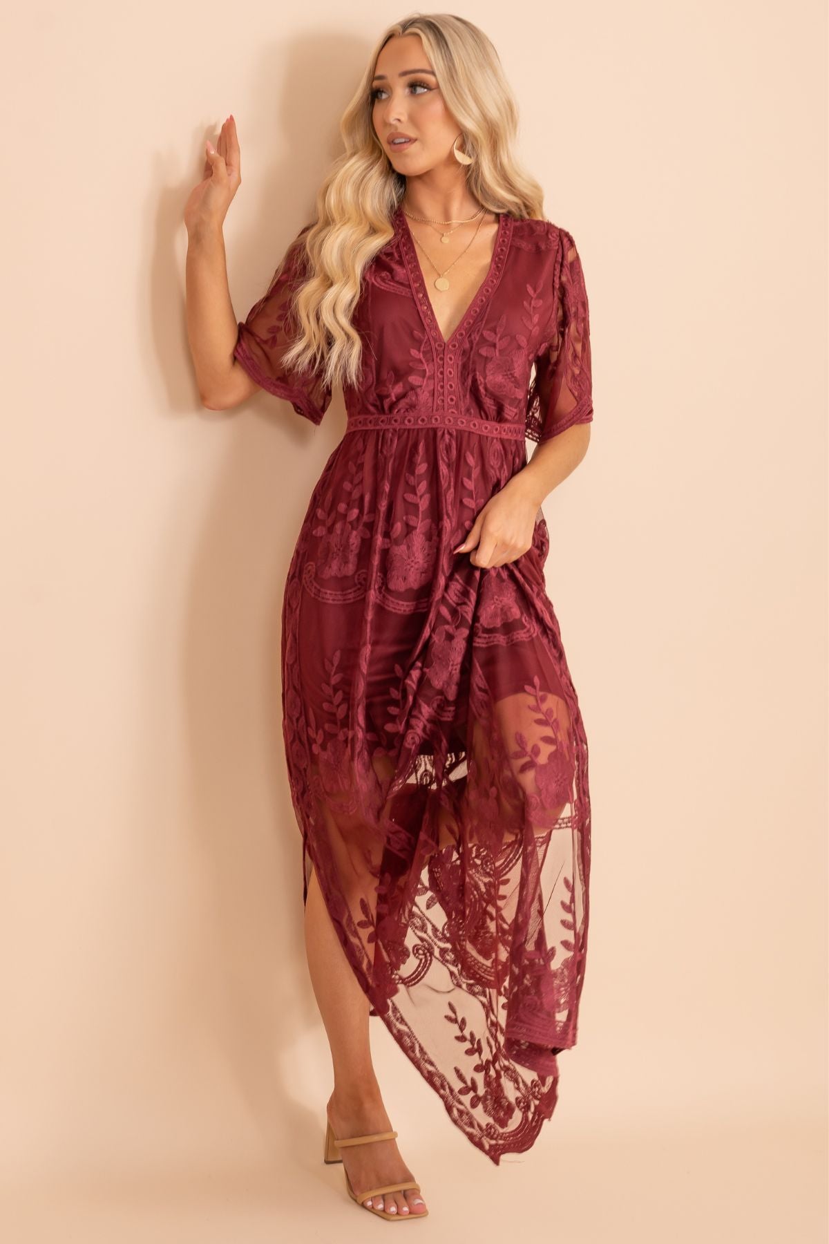 Wine lace maxi dress Outlet