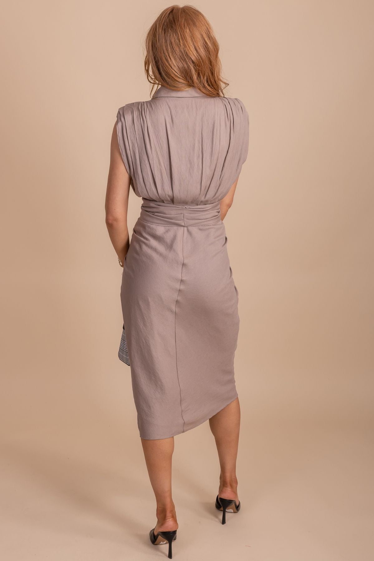 Brown Waist Tie Detail Boutique Knee-Length Dresses for Women
