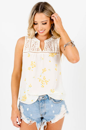 Cream Floral Patterned Boutique Tank Tops for Women