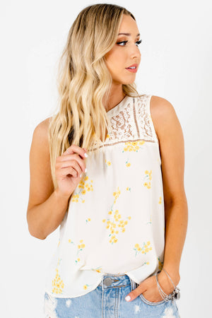Cream Floral Cute and Comfortable Boutique Tank Tops for Women