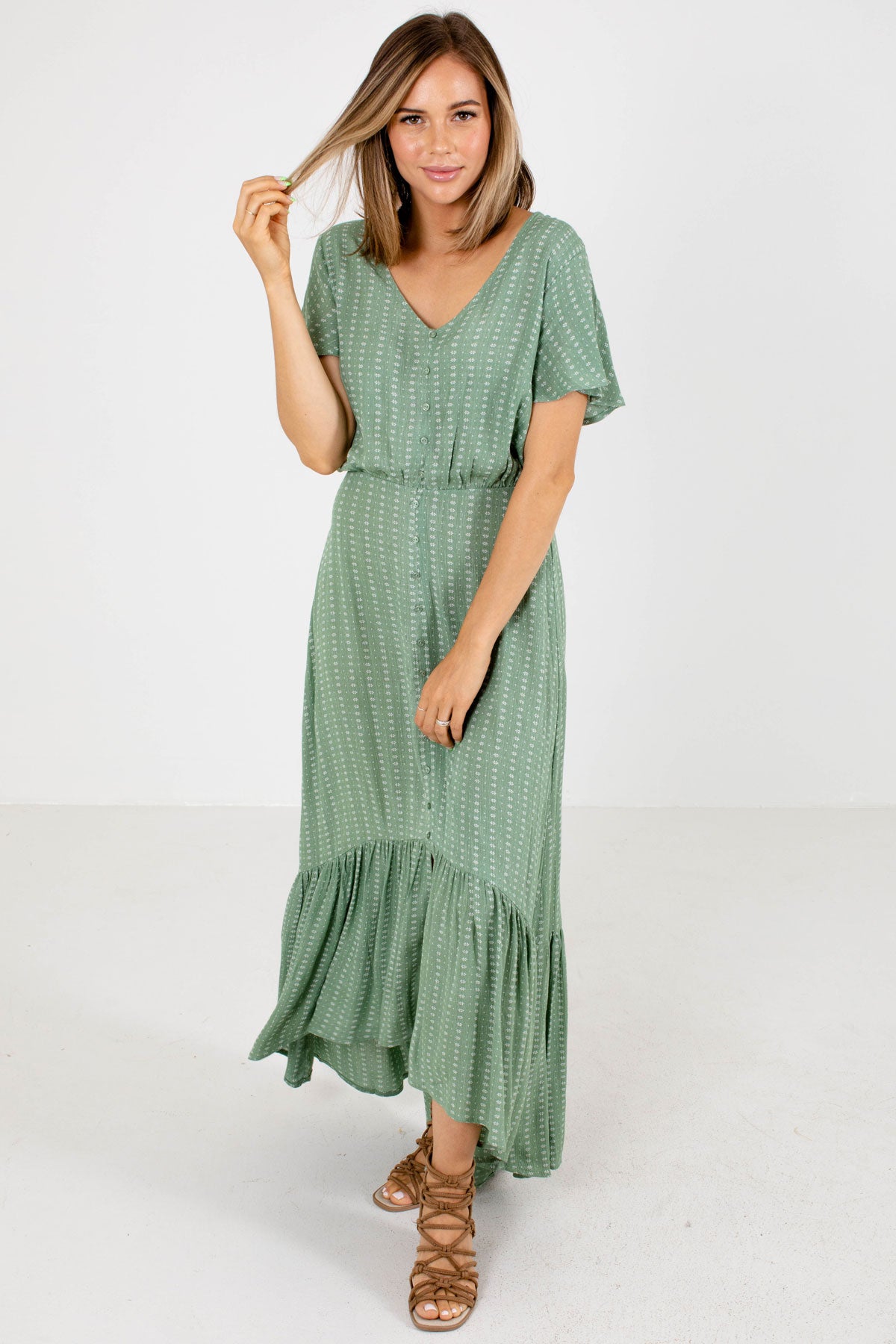 Green and White Patterned Boutique Maxi Dresses for Women