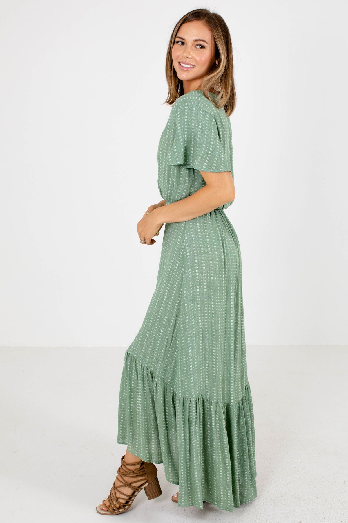 Green Decorative Button Boutique Maxi Dress for Women