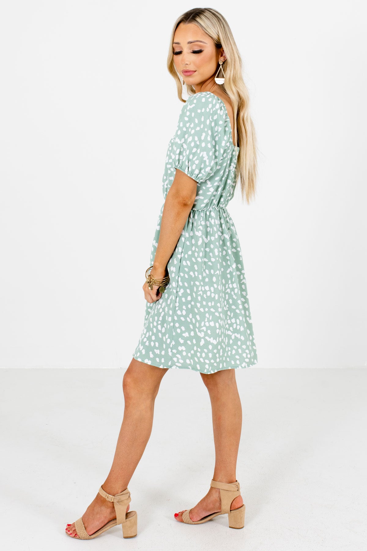 Green Elastic Waistband Boutique Mini Dresses for Women