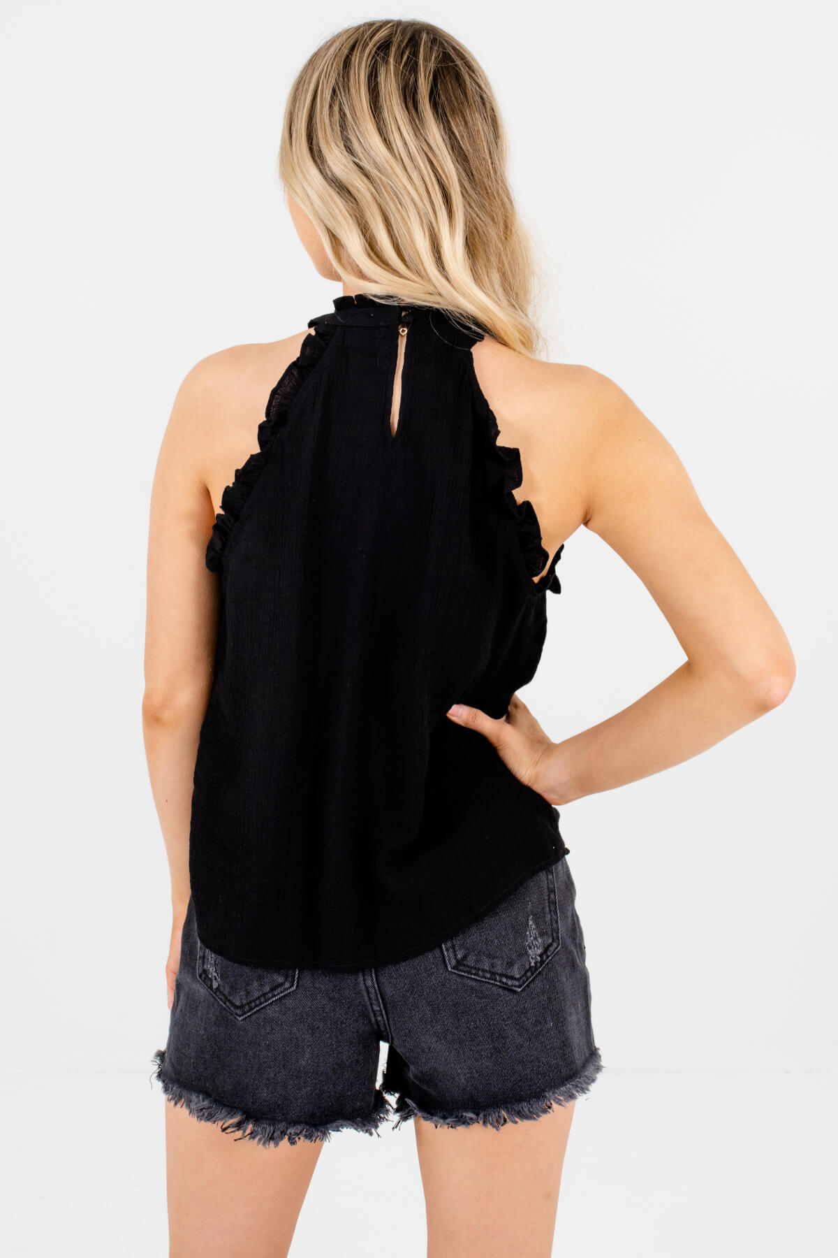 Black Crochet Lace Ruffle Pleated Tank Tops for Women