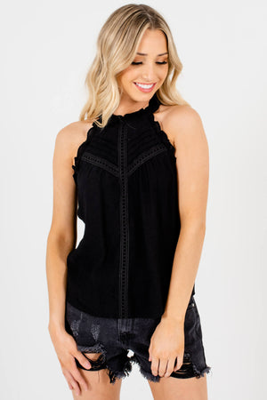 Black Ruffle Crochet Pleated Tank Tops Affordable Boutique
