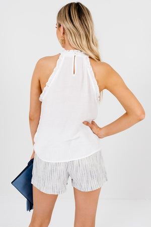 White Pleated Crochet Lace Ruffle Tank Tops for Women