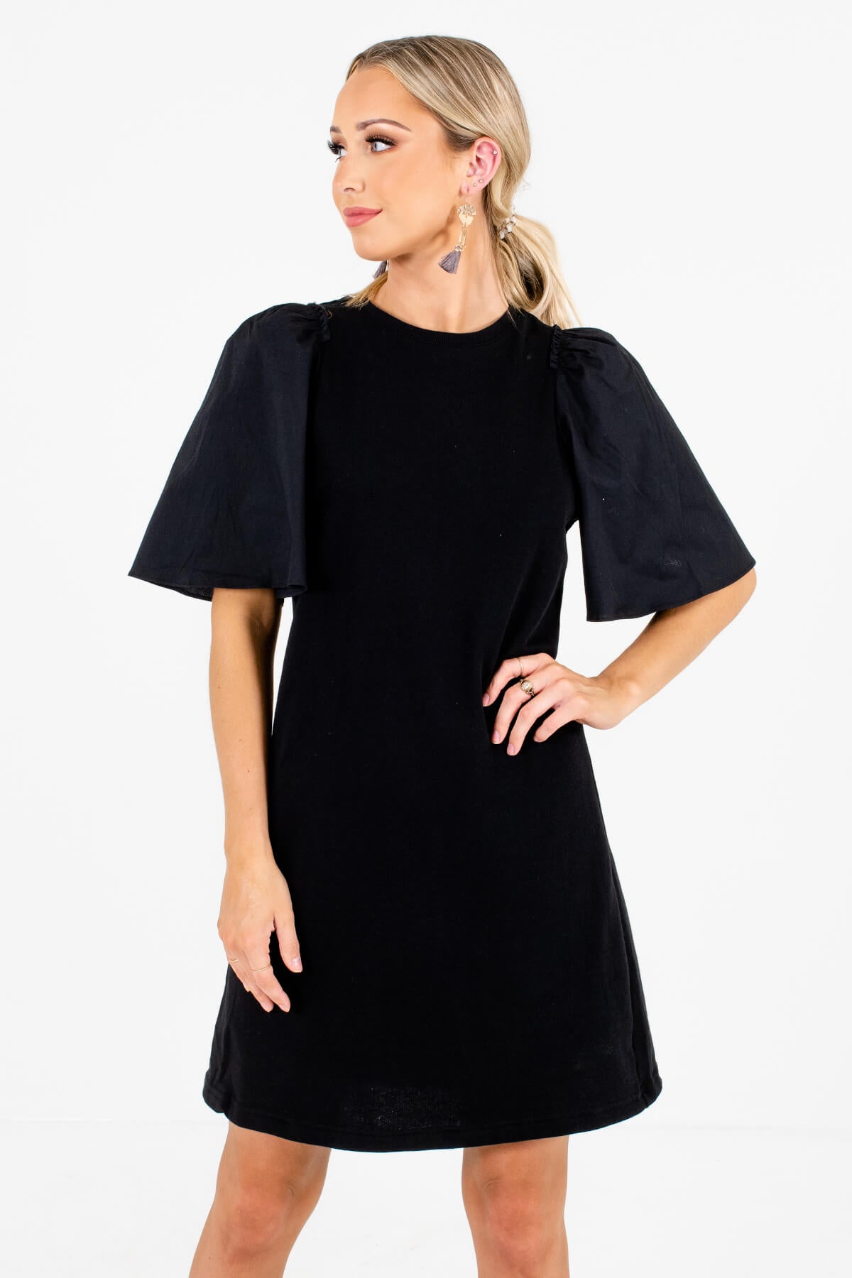 Black Puff Statement Sleeve Boutique Mini Dress for Women