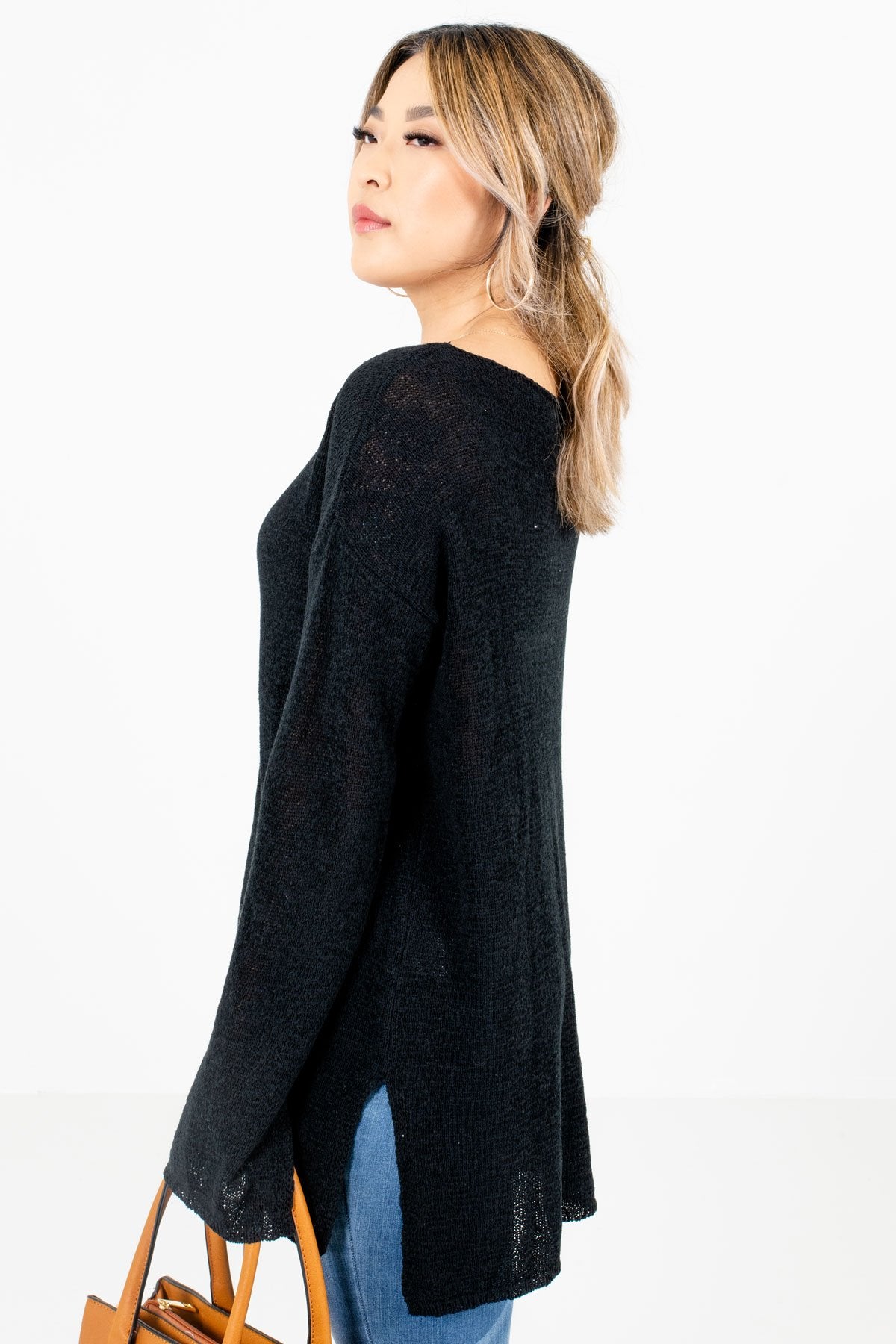 Black Wide Round Neckline Boutique Sweaters for Women
