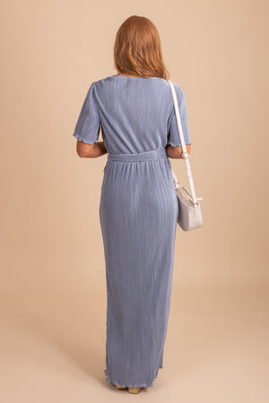Blue shimmery pleated maxi dress
