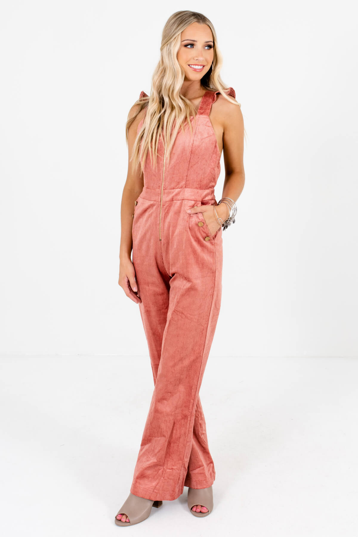 Women's Pink Corduroy Boutique Jumpsuits with Pockets