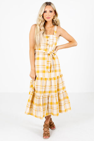 Yellow Plaid Patterned Boutique Midi Dresses for Women