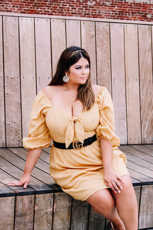 Mustard Yellow Plus Size Off Shoulder Puff Sleeve Tie-Front Cutout Mini Dresses