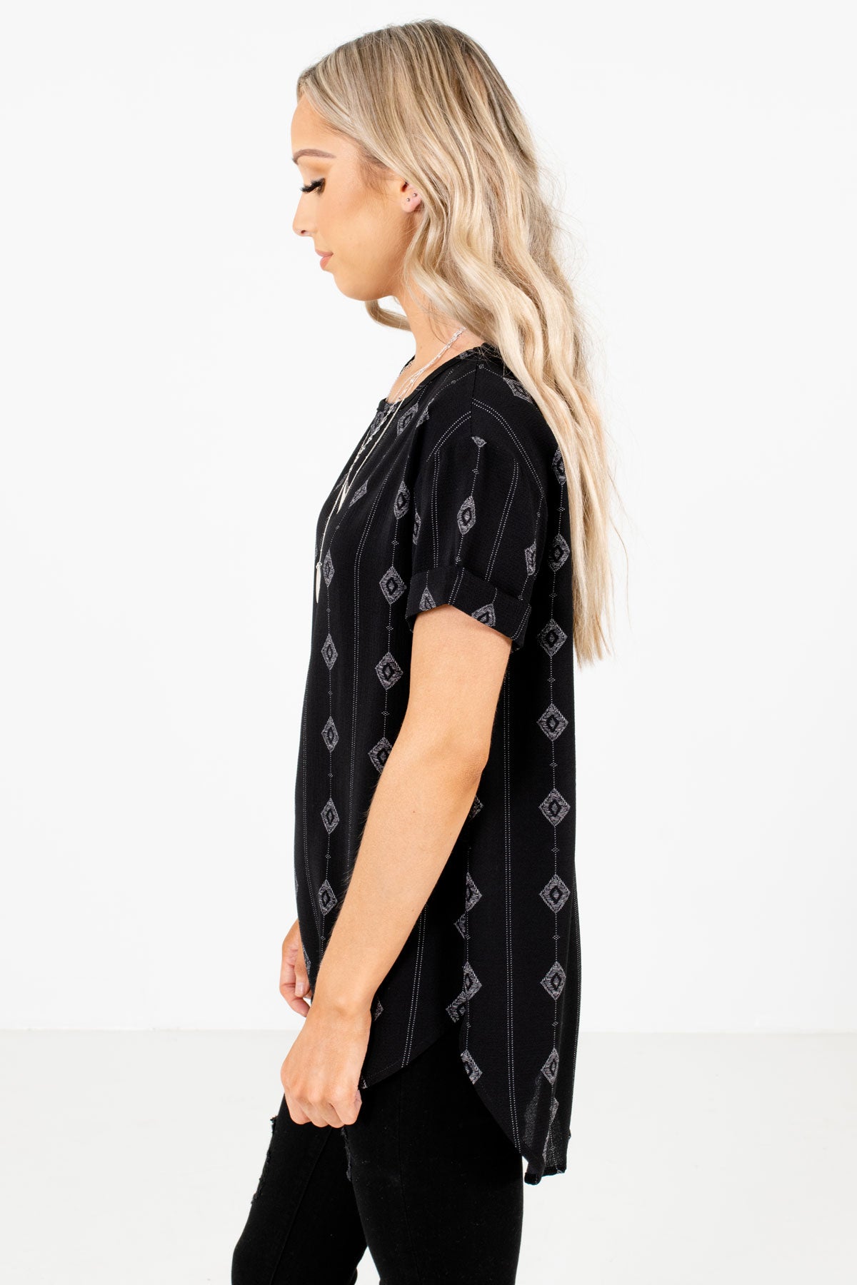 Black Cuffed Sleeve Boutique Tops for Women