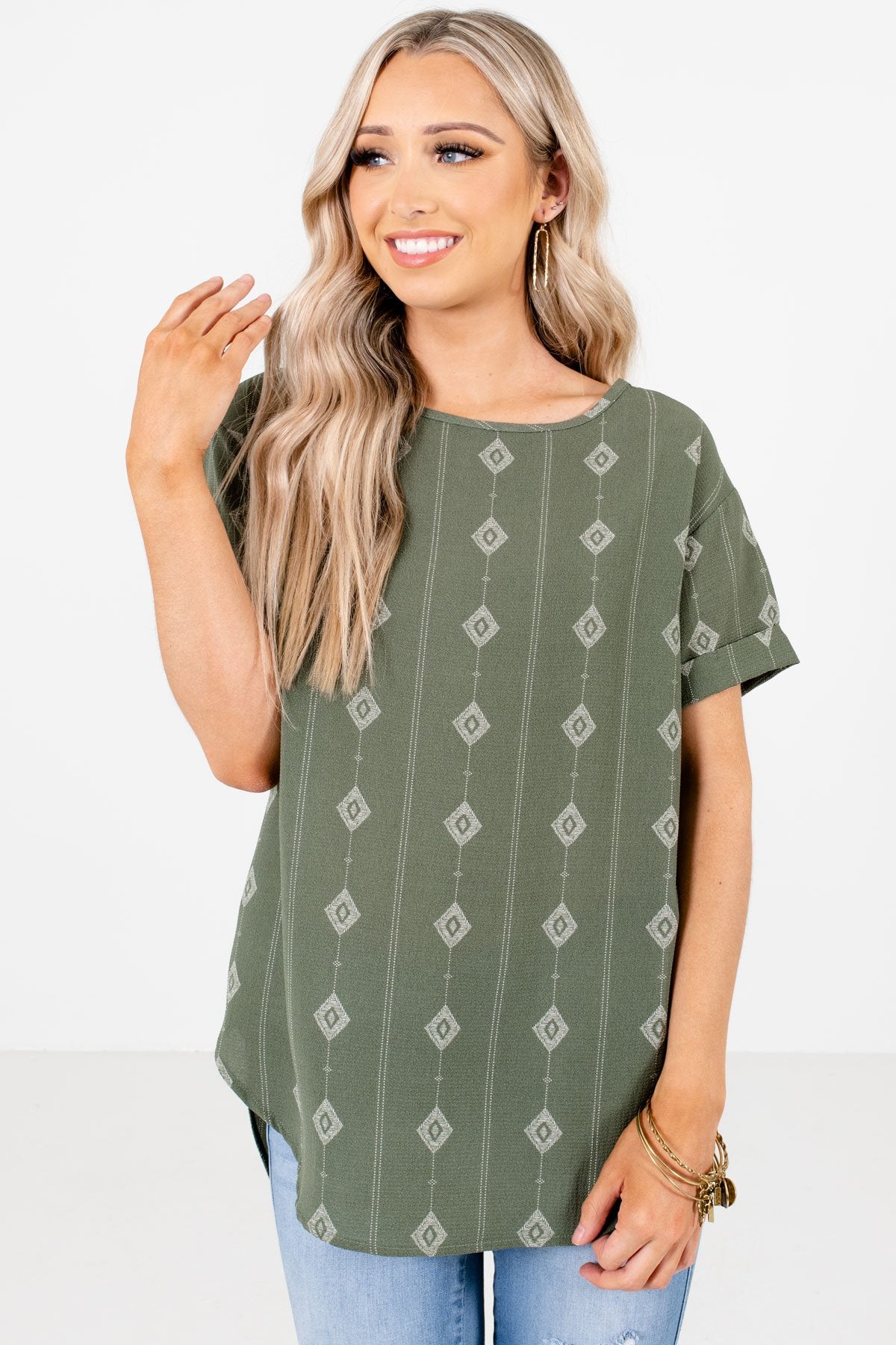 Sage Green Diamond Patterned Boutique Blouses for Women