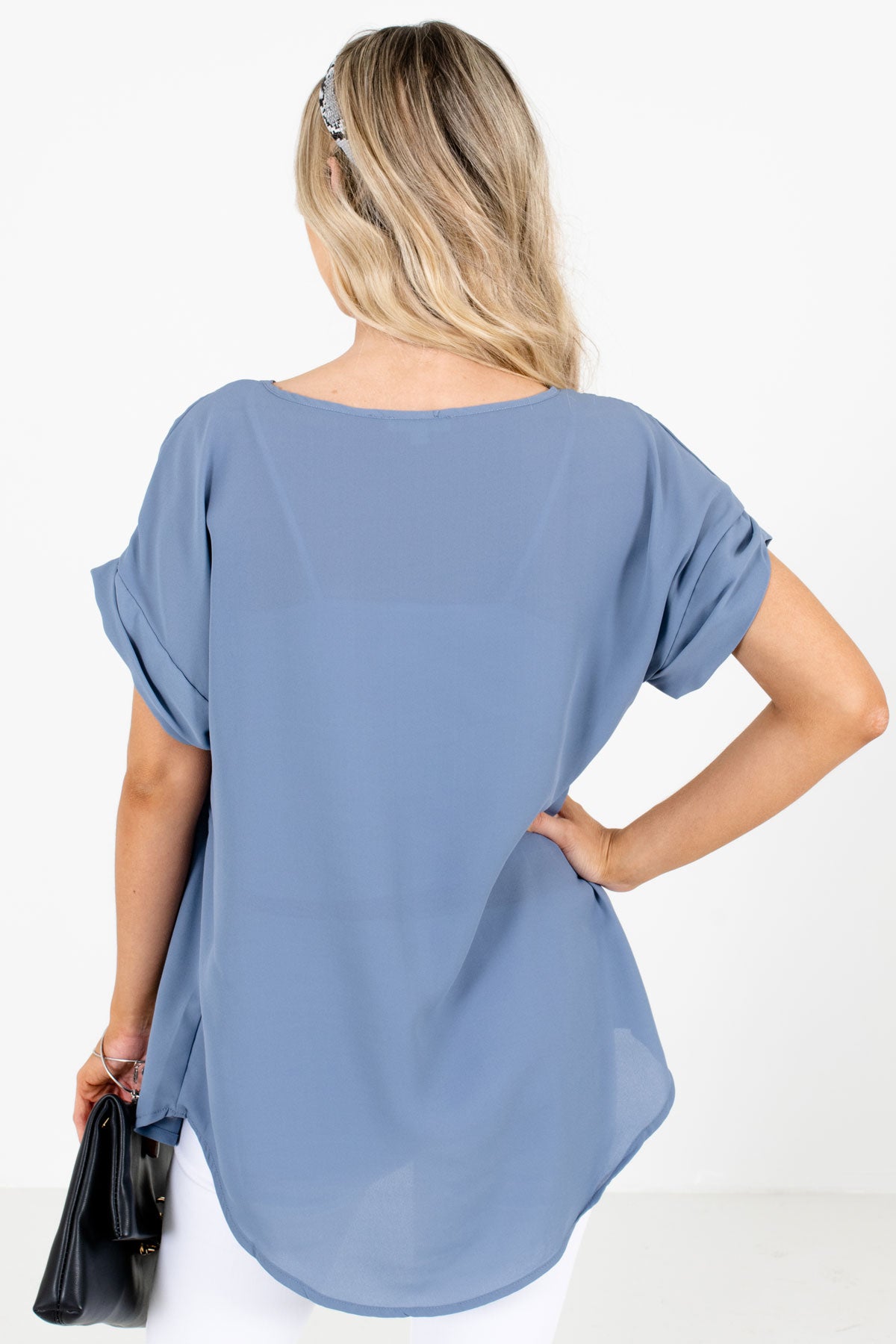 Women's Short Sleeve Semi-Sheer Blouse in Blue