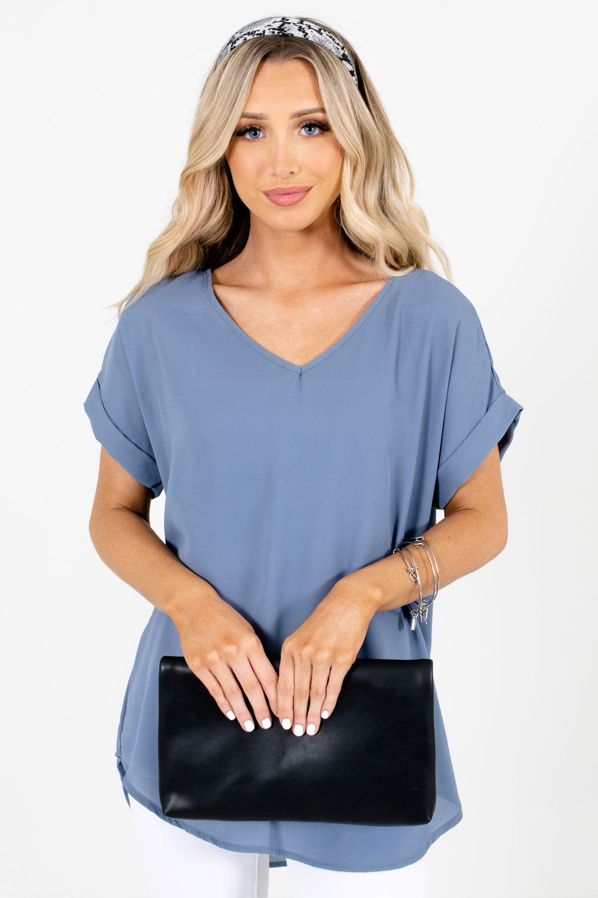 Cuffed Short Sleeve Blouse in Blue for Women