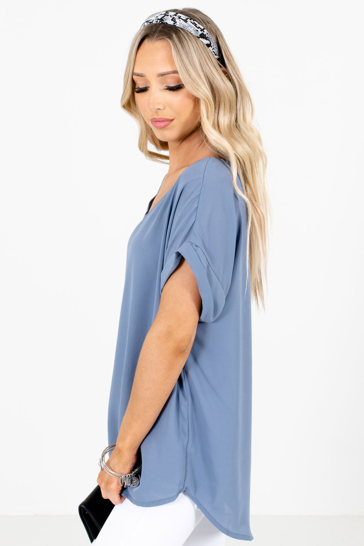 Cuffed Sleeve V Neck Blouse in Blue for Women