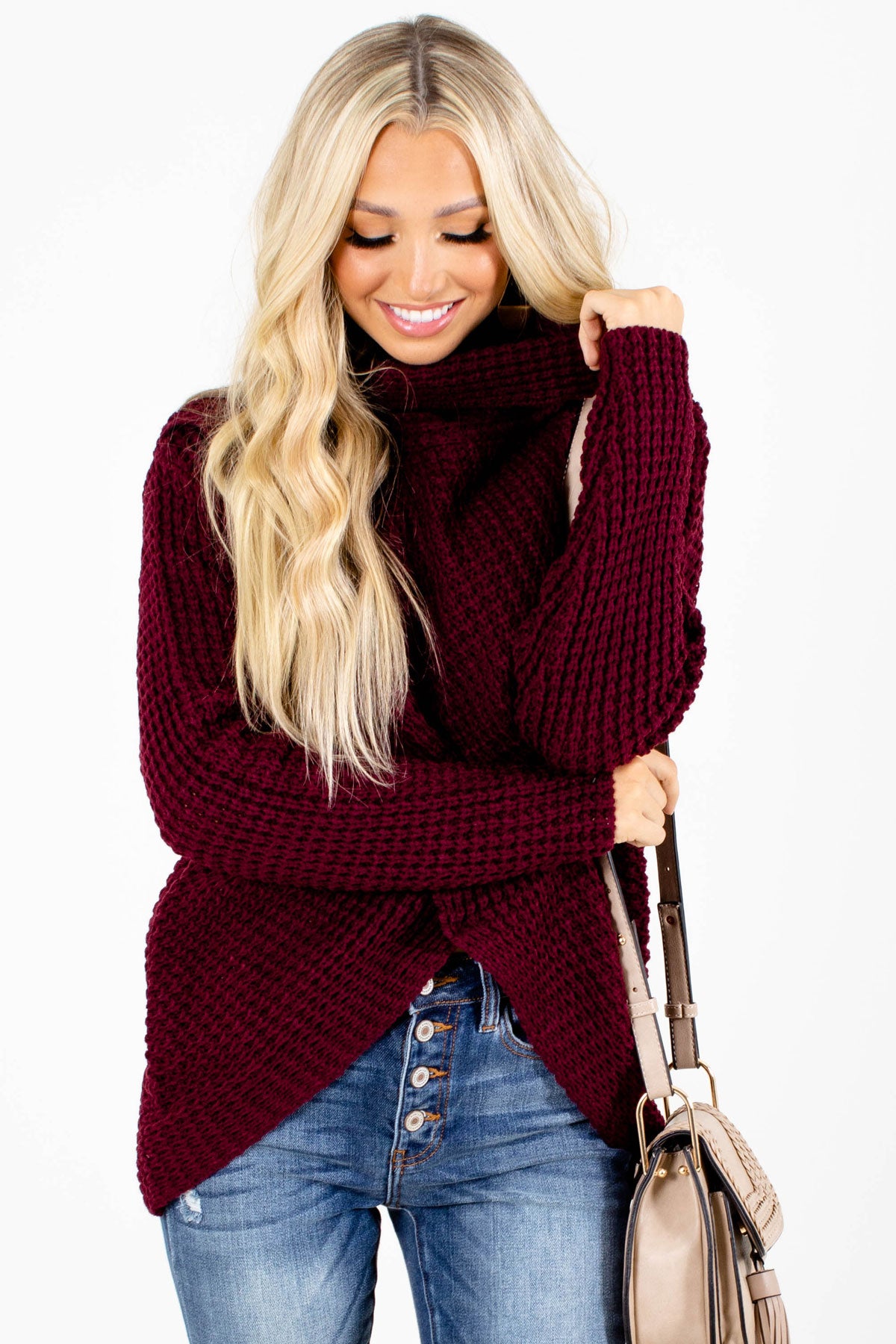Burgundy Long Sleeve Boutique Sweaters for Women