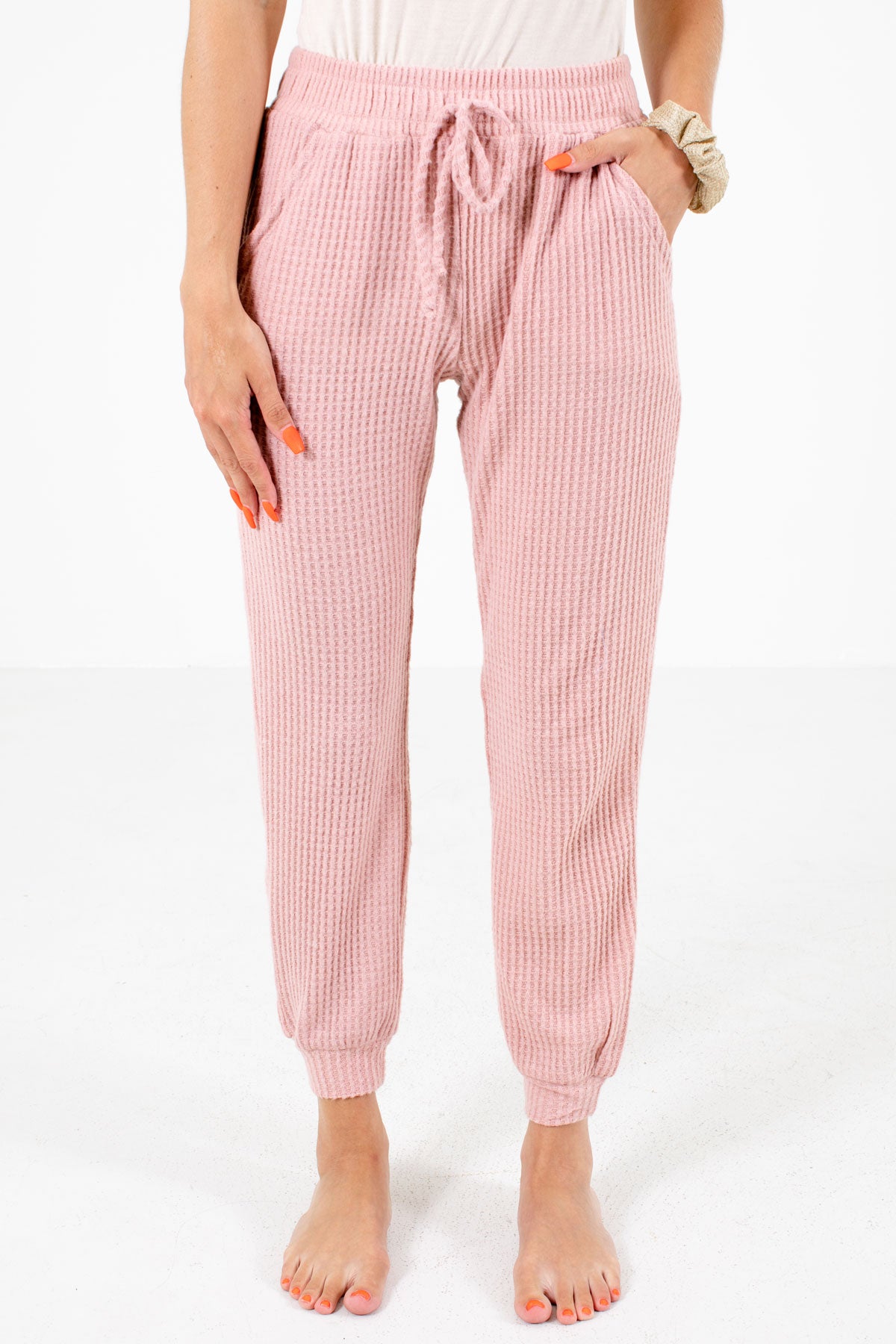 Pink Waffle Knit Material Boutique Pants for Women