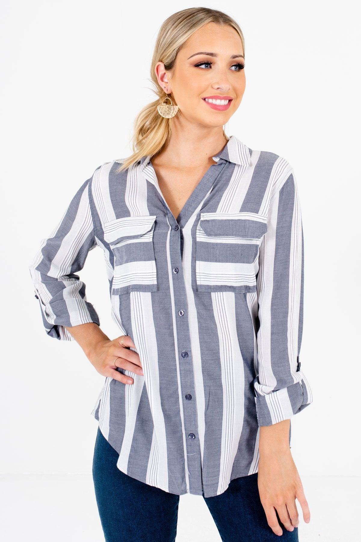 Blue and White Stripe Patterned Boutique Shirts for Women