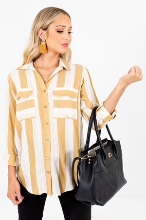 Yellow and White Stripe Patterned Boutique Shirts for Women