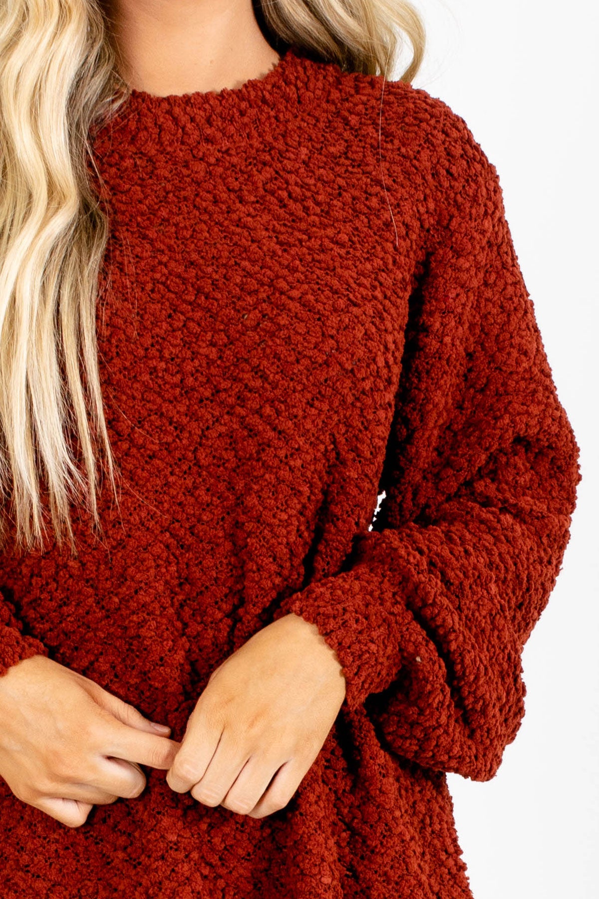 Oversized Popcorn Knit Sweater in Rust Red