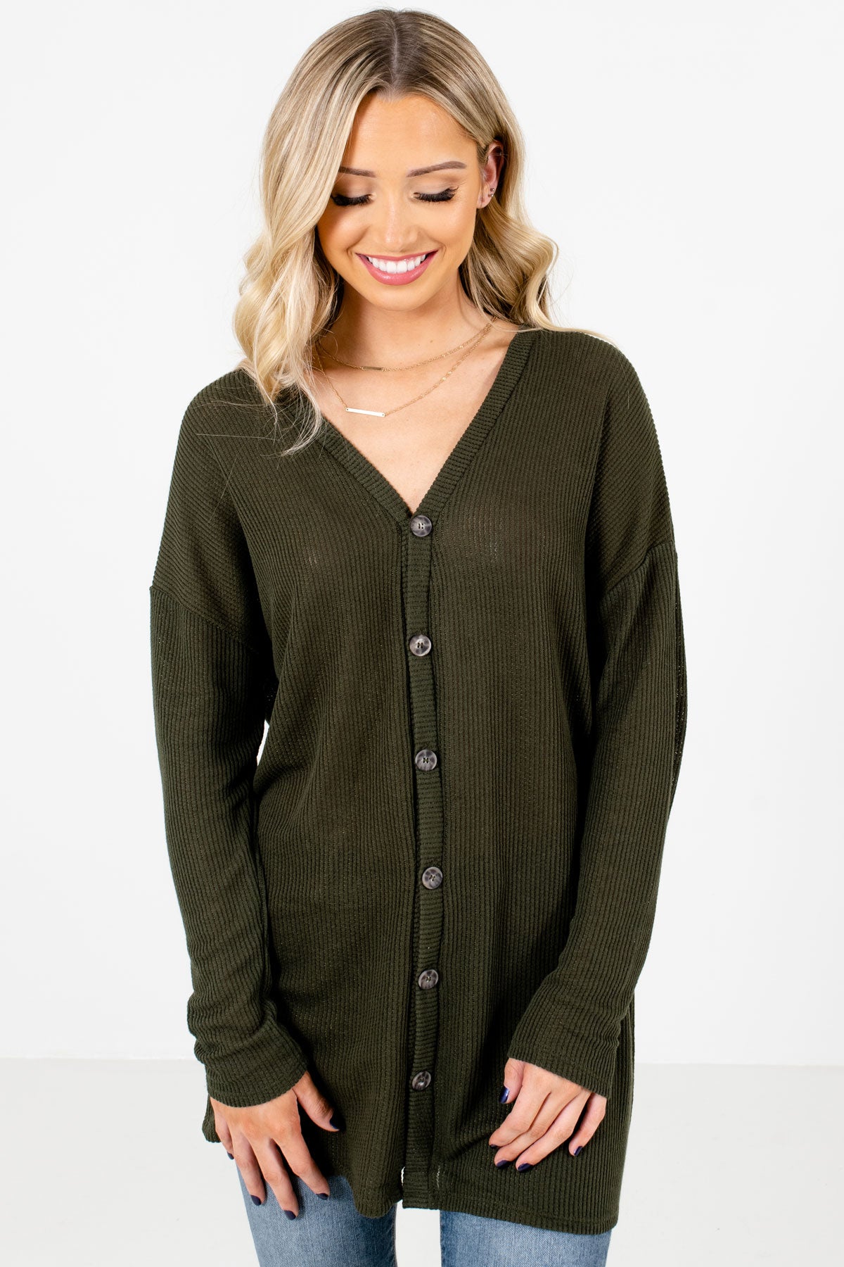 Olive Green Button-Up Front Boutique Tops for Women