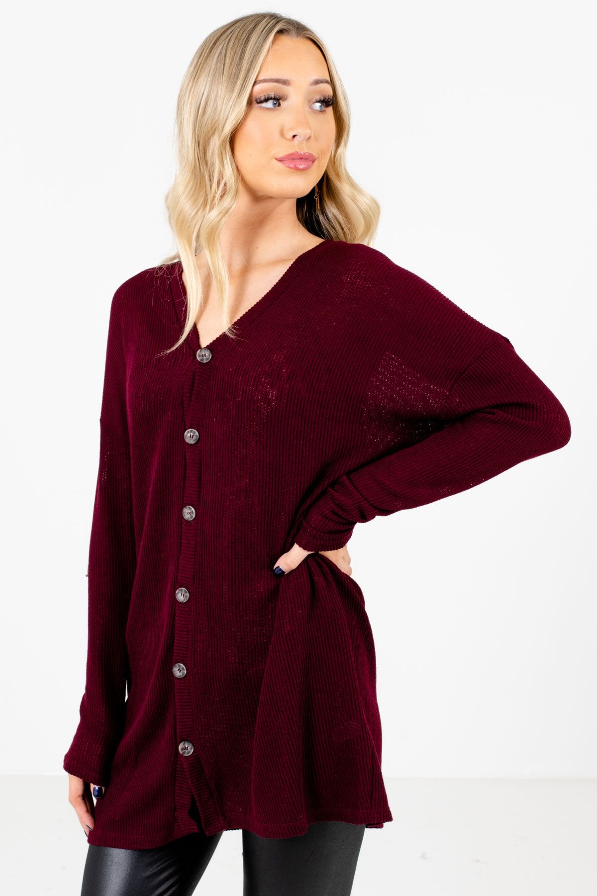 Burgundy Button-Up Front Boutique Tops for Women