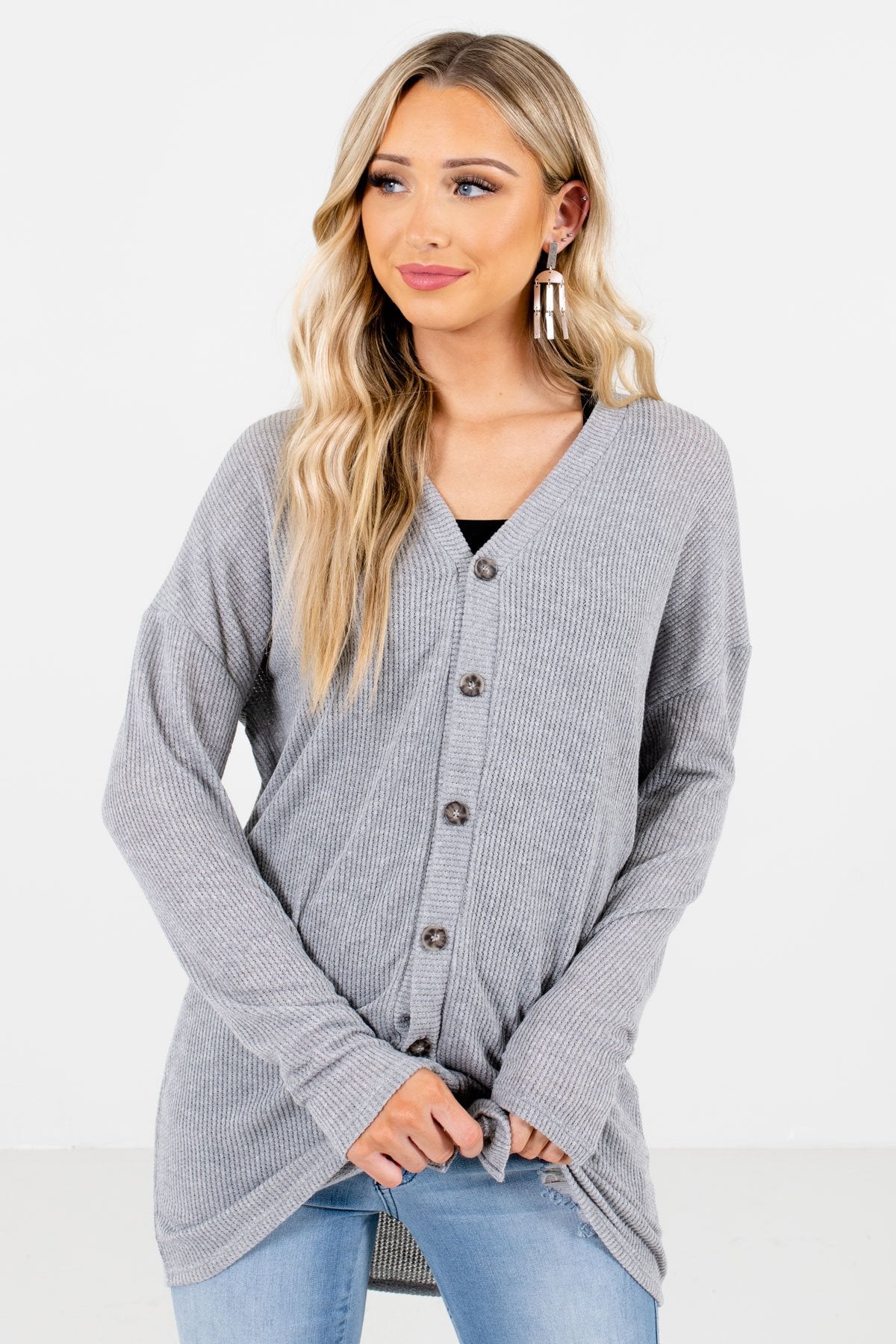 Heather Gray Button-Up Front Boutique Tops for Women